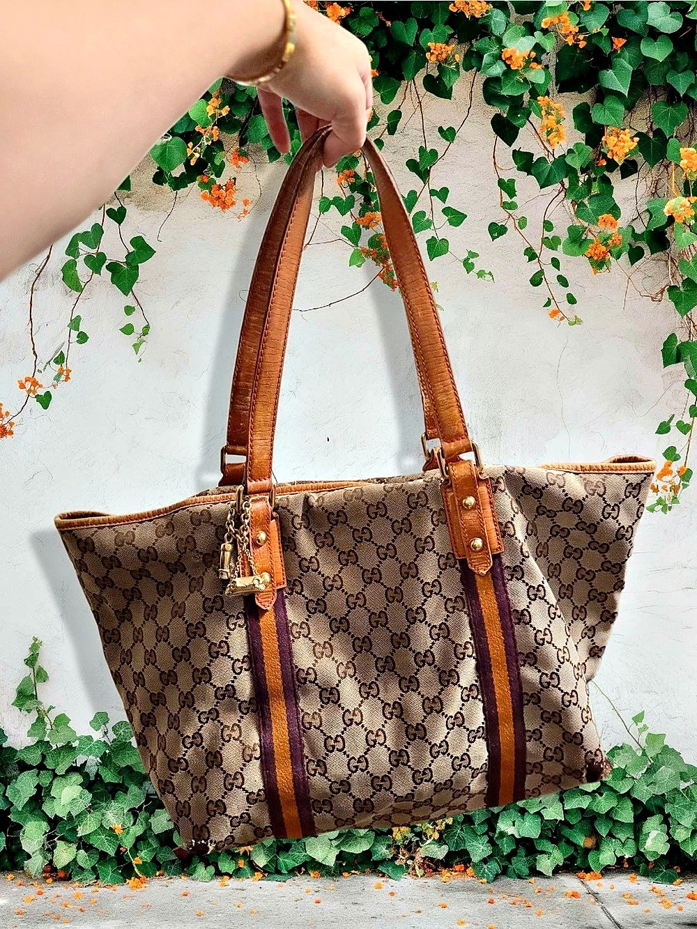 Gucci GG Canvas Web Charm Tote GG Monogram Stripe Tote in Brown & Purple
